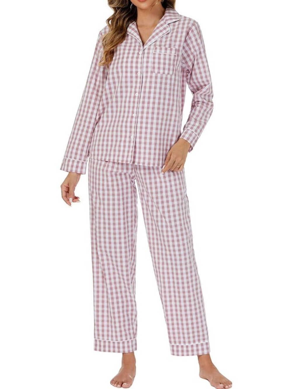 Cozy 100% Cotton Women's Pajama Set - Lightweight Long Sleeve Button-Up PJs